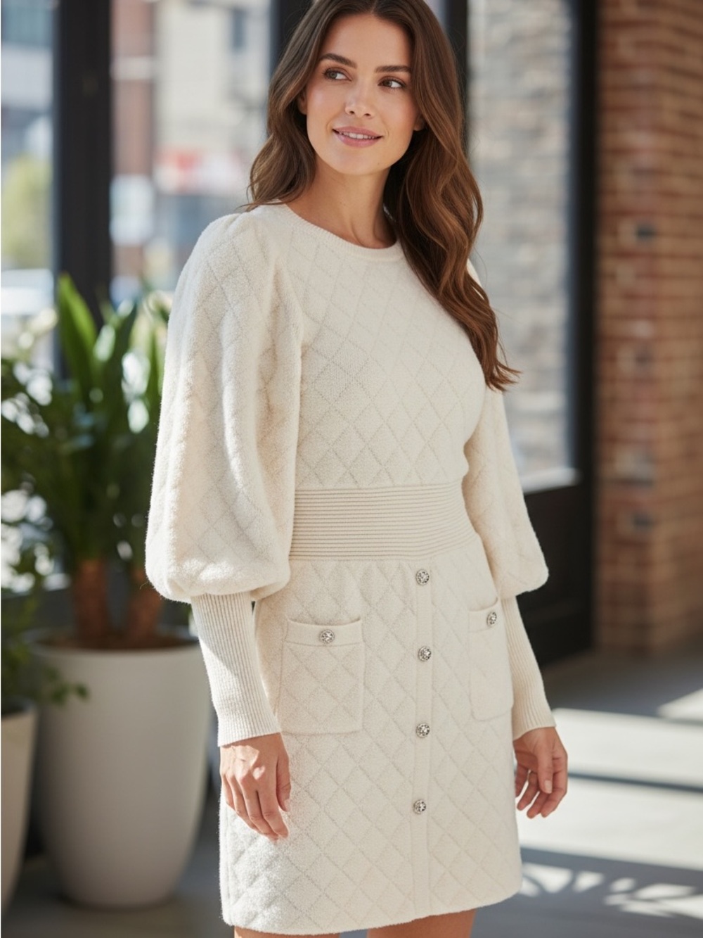 Express Cream Quilted Knit Dress with Button Front